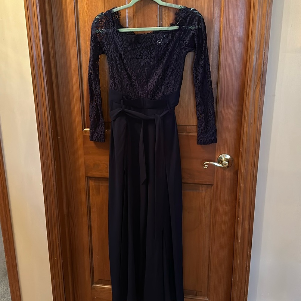 Blue jumpsuit, size large, lace top , zipper back, slits on front legs